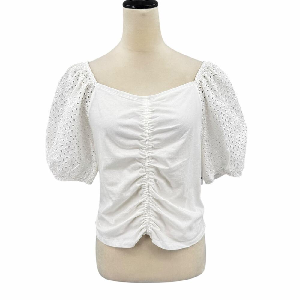 Gap NWT Sz L Crisp White Knit Eyelet Puff Sleeve Smocked Cropped Peasant Top